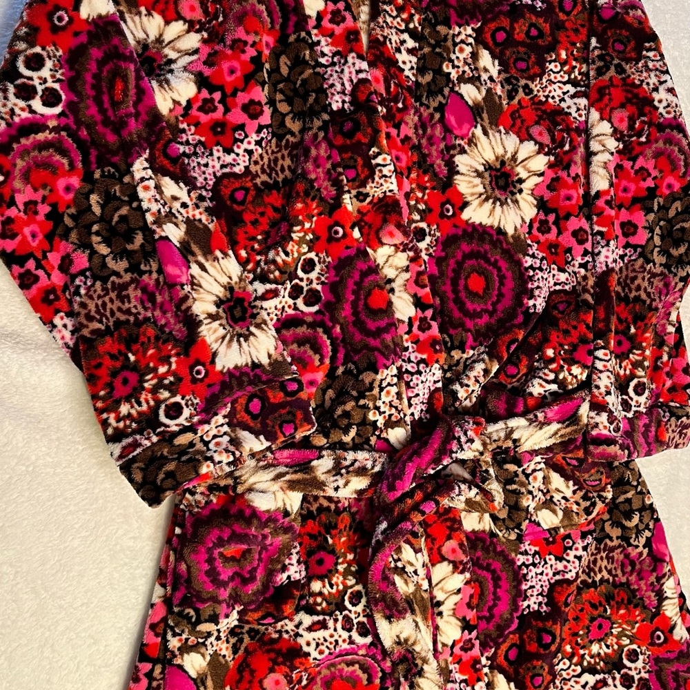 Vera Bradley Floral Paisley Plush Fleece Hooded Robe Pink Red S/M